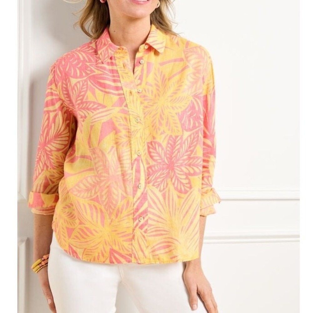 Talbots Short Shirt Button Down Womens Large Pink Watercolor Botanical Linen